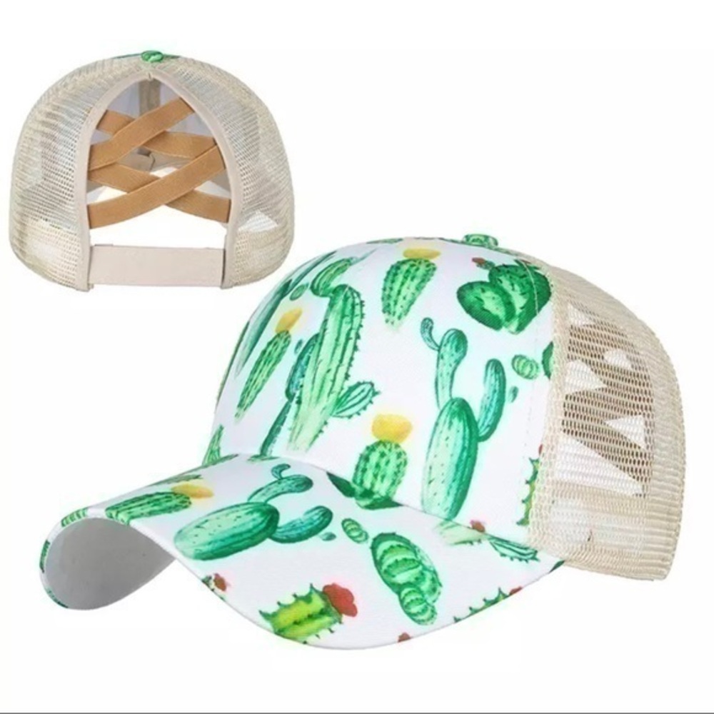 Cactus Western Print Ponytail Criss Cross Back Cap Hat